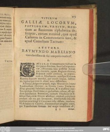 Veterum Galliae Locorum, Populorum, Urbium, Montium ac fluviorum alphabetica descriptio, eorum maximè, quae apud Caesarem in Commentariis sunt; & apud Cornelium Tacitum: Auctore Raymundo Marliano ...
