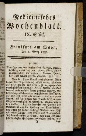 IX. Stück. Frankfurt am Mayn, den 2. Merz 1782. - XIII. Stück. Frankfurt am Mayn, den 30. Merz 1782.