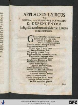 Applausus Lyricus Ad Nobilem, Ornatissimum Et Doctissimum D. Defendem.
