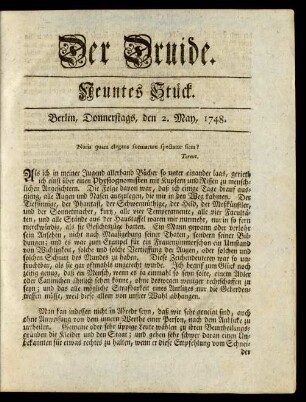 Neuntes Stück. Berlin, Donnerstags, den 2. May, 1748