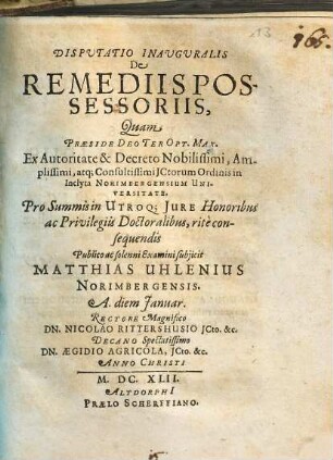 Disputatio Inauguralis De Remediis Possessoriis