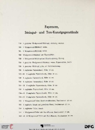 Fayencen, Steingut- und Ton-Kunstgegenstände (Nr. 719-835)