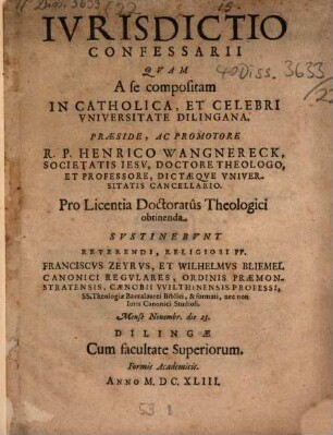 De iurisdictione confessarii, disp.