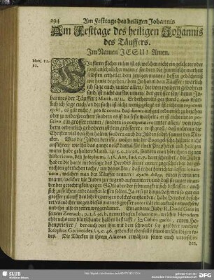 Am Festtage des heiligen Johannis des Täuffers