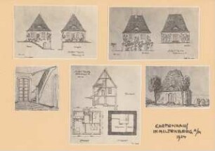 Gartenhaus, Miltenberg: Perspektivische Ansicht, Grundriss, Schnitt, perspektivische Innenansicht, Ansichten