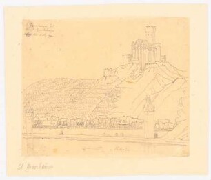 St. Goarshausen und Neu-Katzenellenbogen: (Durchzeichnung eines älteren Stiches?) Blick auf die Stadt und die intakte Burg, perspektivische Ansicht vom Rhein aus mit