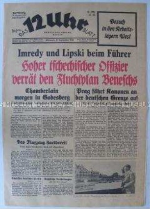 Berliner Tageszeitung "Das 12 Uhr Blatt" zur Lage in der Tschechoslowakei vor der Unterzeichnung des Münchener Abkommens