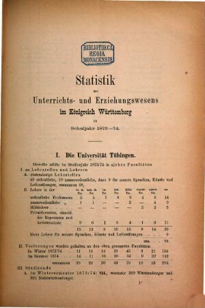 Statistik des Unterrichts- und Erziehungswesens im Königreich Württemberg : für .... 1873/74 (1875)