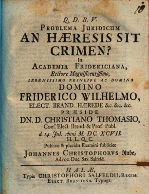 Problema Juridicum An Hæresis Sit Crimen?
