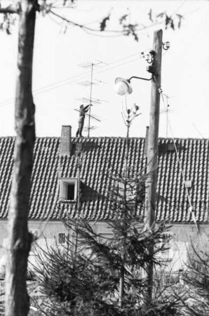 Meisenweg: Mann auf Hausdach beim Richten der Fernsehantenne: vorn Straßenlampe, Tannen und Baum