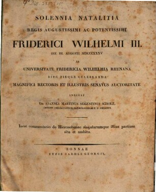 Solemnia natalitia : Inest comment. de Hierosolymae ... situ ... c. tab. aen.