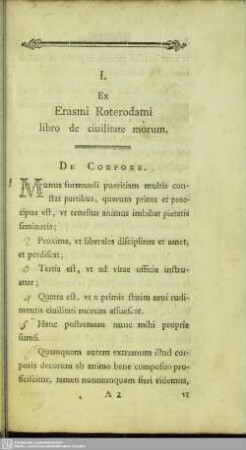 I. Ex Erasmi Roterodami libro de ciuilitate morum