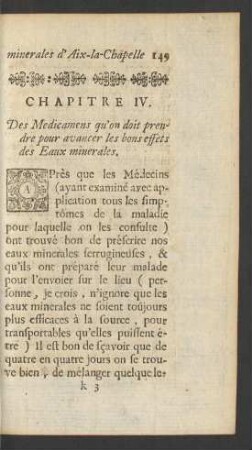 Chapitre IV. Des Medicamens qu'on doit prendre pour avancer les bons effets des Eaux minerales