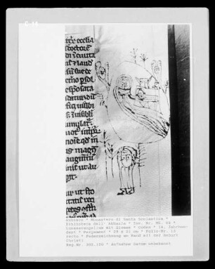 Lukasevangelium mit Glosse — Federzeichnung am Rand mit der Geburt Christi, Folio 13 recto