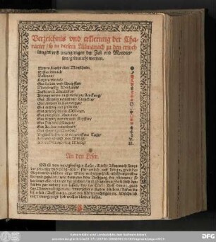 Verzeichnis vnd erklerung der Character/ so in diesem Allmanach zu den erwehlungen vnd anzeigungen der Zeit vnd Mondteilen/ gebraucht werden.