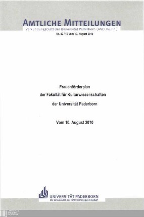 Frauenförderplan der Fakultät für Kulturwissenschaften der Universität Paderborn : vom 10. August 2010