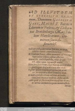 Ad Illustrem Et Generosum Dominum, Dominum Georgium Gans, Magni F. Baronem Liberum in Potletz, & Electoratus Brandenburgii Marschallum Haereditarium, Dominum suum observandiß.