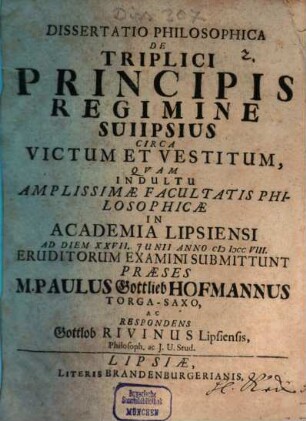 Diss. philos. de triplici principis regimine sui ipsius circa victum et vestitum