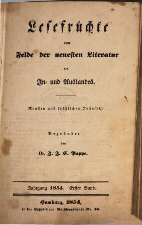 Lesefrüchte vom Felde der neuesten Literatur des In- und Auslandes. 1854,1, 1854,1