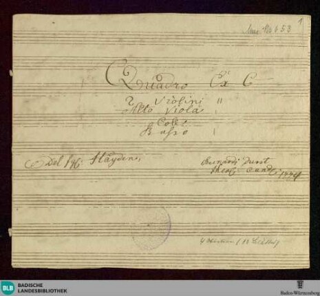 Quartets - Don Mus.Ms. 653 : vl (2), vla, b; C; Hob III:6