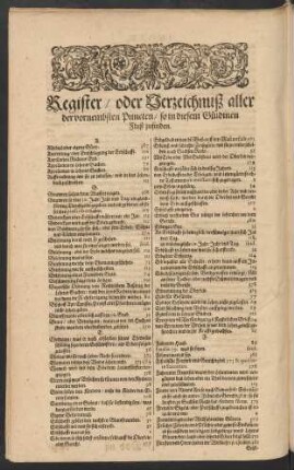 Register/ oder Verzeichnuß aller der vornembsten Puncten/ so in diesem Güldinen Fluß zufinden.