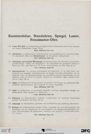 Kunstmobiliar, Standuhren, Spiegel, Luster, Renaissance-Ofen (Nr. 772-825)