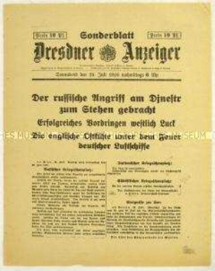 Nachrichtenblatt des "Dresdner Anzeiger" mit Kurzmeldungen von verschiedenen Kriegsschauplätzen