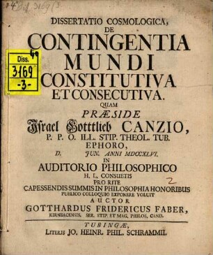 Dissertatio Cosmologica, De Contingentia Mundi Constitutiva Et Consecutiva
