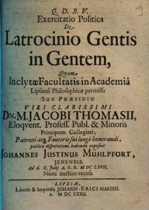 Exercitatio Politica De Latrocinio Gentis in Gentem