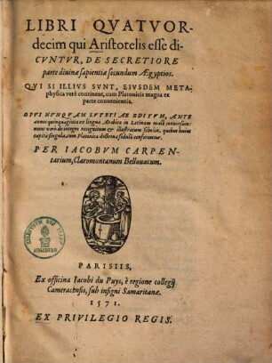 Libri quatuordecim, qui Aristotelis esse dicuntur, de secretiore parte divinae sapientiae secundum Aegyptios