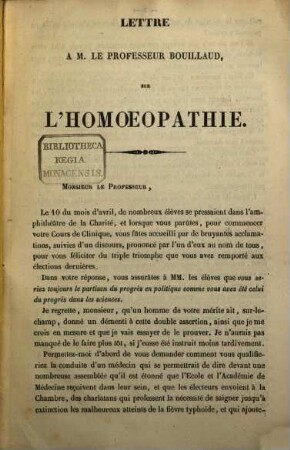 Lettre à M. le professeur Bouillaud, sur ?? Homoeopathie