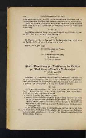 Fünfte Verordnung zur Ausführung des Gesetzes zur Verhütung erbkranken Nachwuchses Vom 25. Februar 1936 (RGBl. I S. 122)