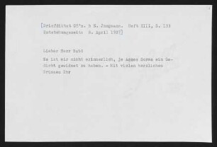 Brief von Gerhart Hauptmann an Julius Bab