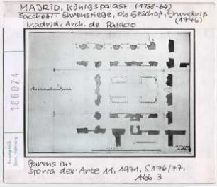 Madrid: Königspalast, Ehrenstiege, Entwurf von Sacchetti, oberes Geschoss, Grundriss. Madrid, Arch. de Palacio