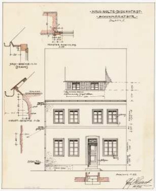 Fassaden der nach dem Brand am 17. Juni 1915 wiederaufgebauten Häuser, Duderstadt: Aufriss: Ansicht von der Straße 1:50; Fassadenschnitte horizontal und vertikal 1:50; Details 1:10: Gesimse und Fensteranschlag