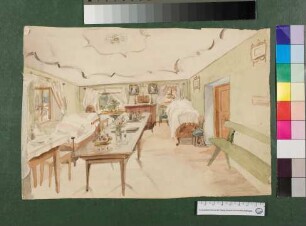 Interieur mit zwei Betten und langem Tisch