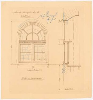 Einfamilienwohnhaus, Berlin-Nikolassee: (von Inv.Nr. 43325) Detail (ohne Maßstab): Fenster im Vorzimmer in Außenansicht und Vertikalschnitt