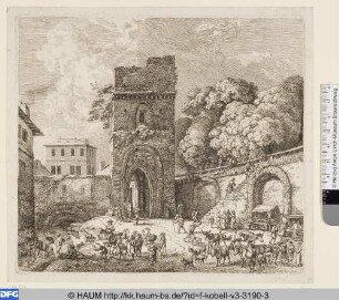 Turm eines Stadttors mit Bauern und Tieren