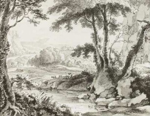 Weite Landschaft mit Wasser und Staffage
