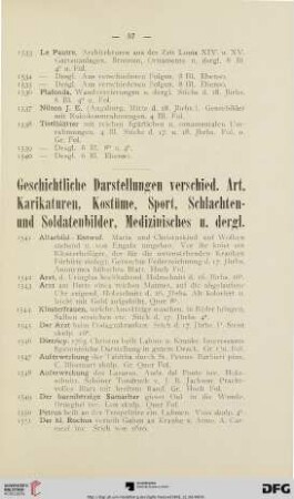 Geschichtliche Darstellungen verschied. Art, Karikaturen, Kostüme, Sport, Schlachten- und Soldatenbilder, Medizinisches u. dergl. (Nr. 1541 - 1755)