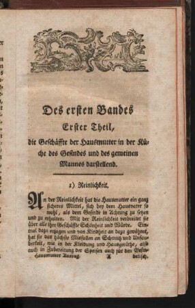 Des ersten Bandes Erster Theil, die Geschäffte der Hausmutter in der Küche des Gesindes und des gemeinen Mannes darstellend