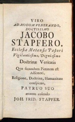 Viro ad Modum Venerando, Doctissimo Jacobo Stapfero,[...]