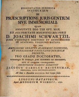 Dissertatio juridica inauguralis de praescriptione juris gentium sive immemoriali