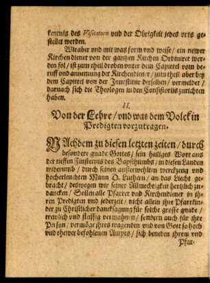 II. Von den Lehre/ und was dem Volck in Predigten vorzutragen.