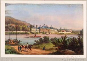 Schloss Pillnitz bei Dresden von Nordwesten über die Elbe mit Fähre und Dampfschiff gesehen