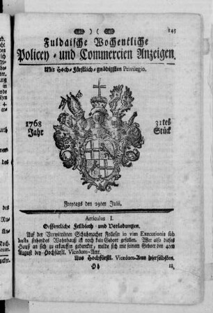 31tes Stück, Ausgabe vom 29. Julii 1768