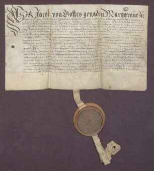 Markgraf Jakob III. von Baden-Hachberg verspricht den Gemeinden der Markgrafschaft Hachberg, sie aus ihrer Bürgschaft gegen den Abt Kaspar von St. Blasien für ein Anlehen von 8.000 fl. schadlos zu halten