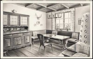 Bauernstube. Eckbank, Tisch, Brettstuhl, Buffet, dreitürig mit bleiverglastem Aufsatz, Ofen mit Ofenbank , Deko