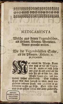 Medicamenta Welche aus Vegetabilibus, als Kräuter, Blumen, Wurtzeln [etc.] können gemacht werden.