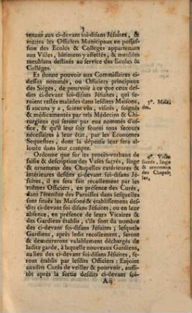 Arrest Du Parlement De Provence. Qui ordonne la continuation de la régie par Gardiens & Sequestres, des biens des ci-devant soi-disans Jésuites ... Du 28 Janvier 1763